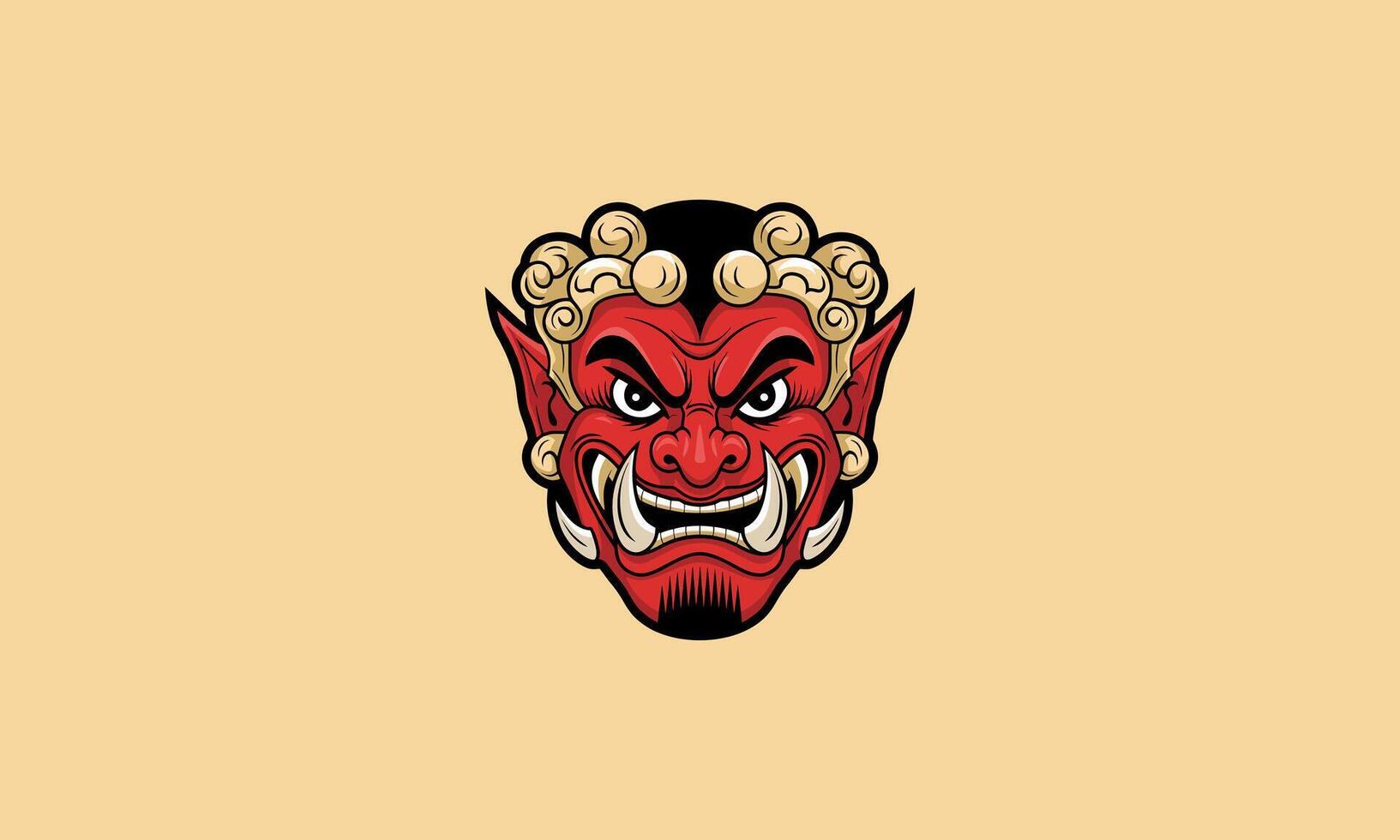Fierce red demon mask with sharp tusks and intense expression. vector