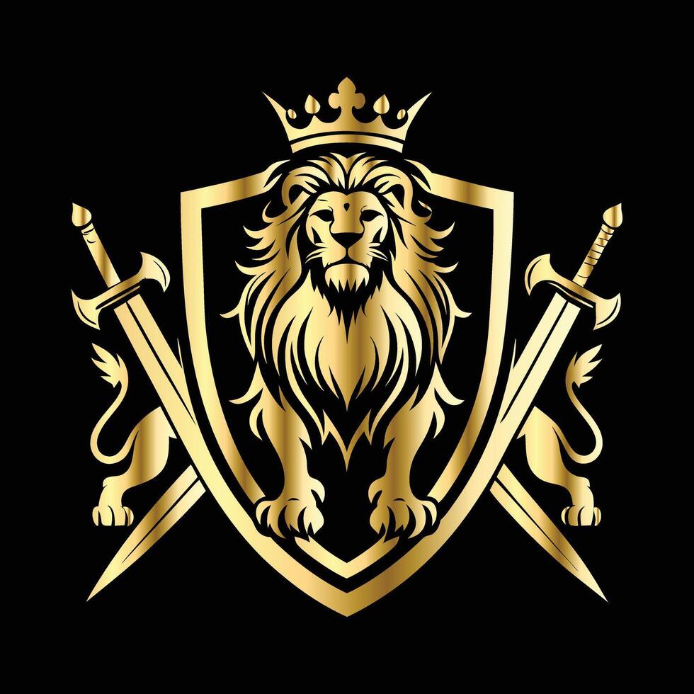 Lion head with crown, swords and shield. illustration on black background. vector