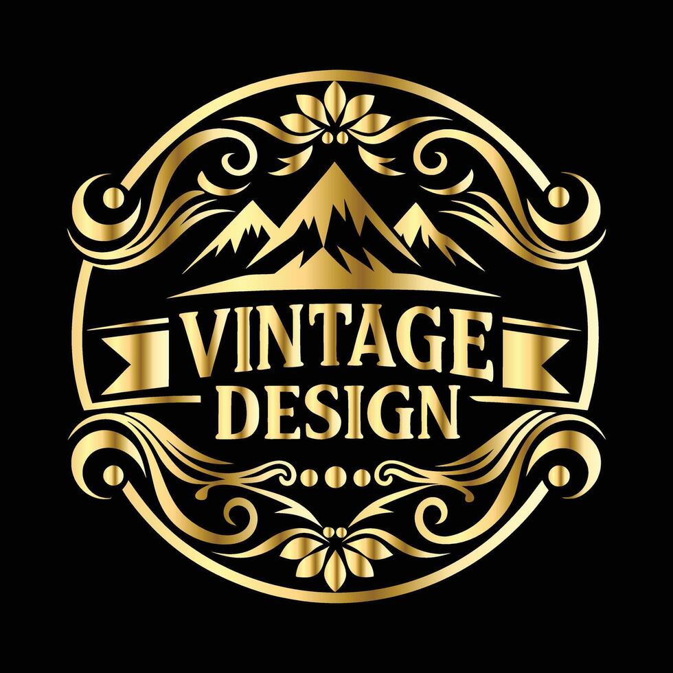 Vintage Mountain Badge, Luxury Logo Design Template. Art Deco Style vector