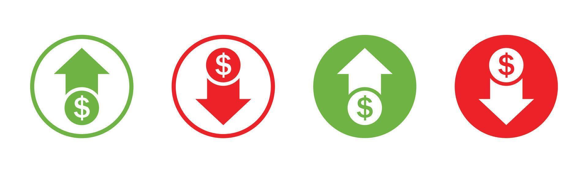 Dollar price up and down sign icon in flat or line style. Dollar coin graph up and down. Money cost arrow growth, decline. Currency investment. Market price. Up and down dollar arrow . vector
