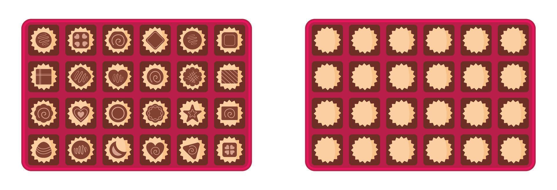Square box of chocolates for valentine's day and more festival. Chocolate box flat design. Set of chocolates in a box and various other sweets. illustration. vector