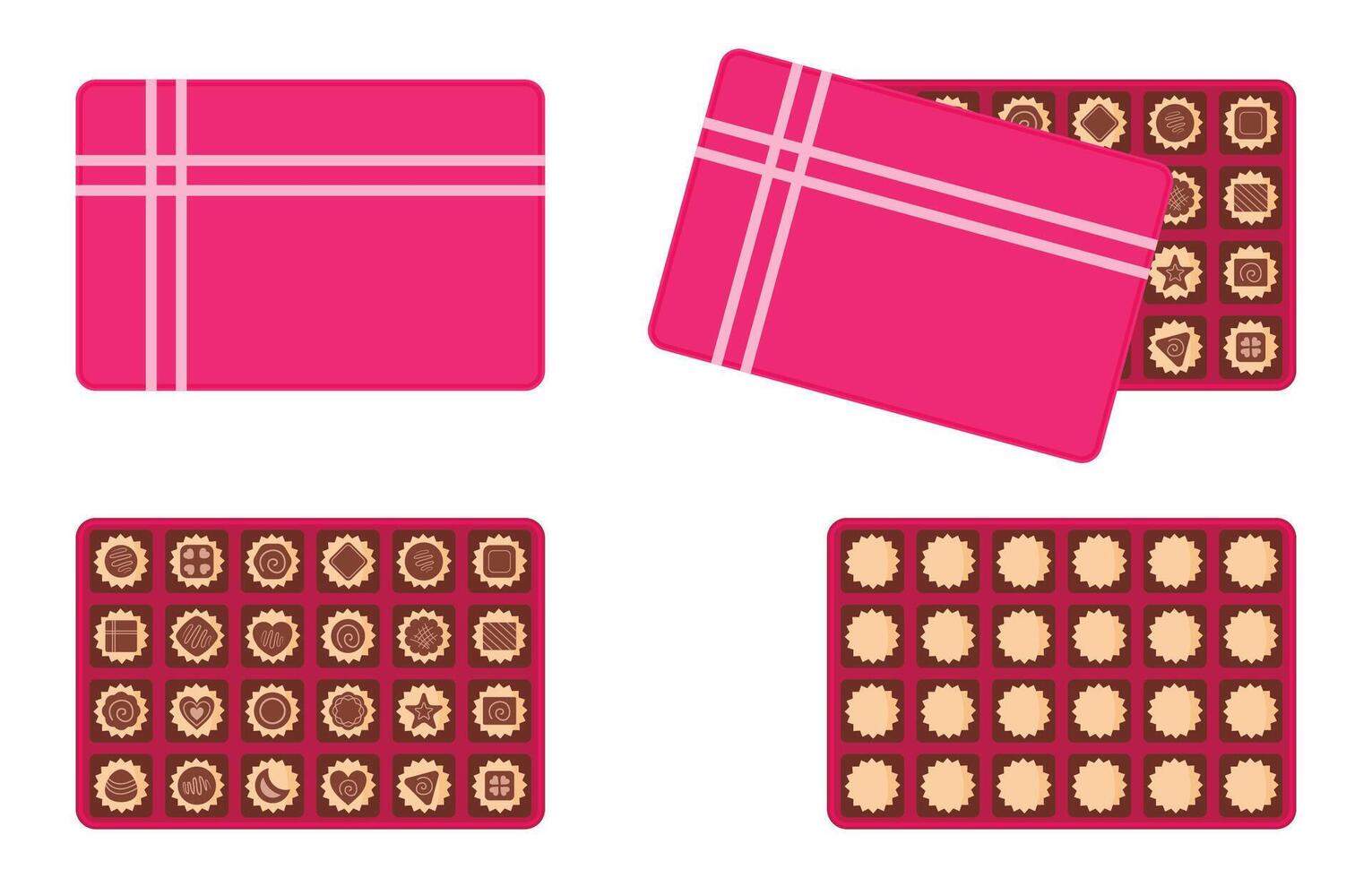 Square pink box of chocolates for valentine's day and more festival. Chocolate box flat design. Set of chocolates in a box and various other sweets. Open and close chocolate box isolated set. vector