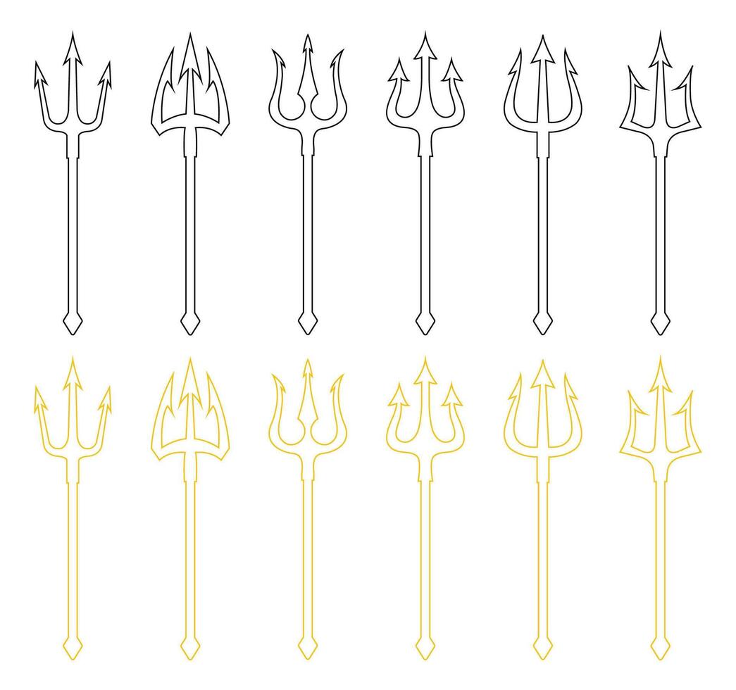 Trident icon set in black and yellow color outline. Set of black and yellow trident outline on a white background. Neptune trident. Design element for logo, label, sign, poster. illustration. vector