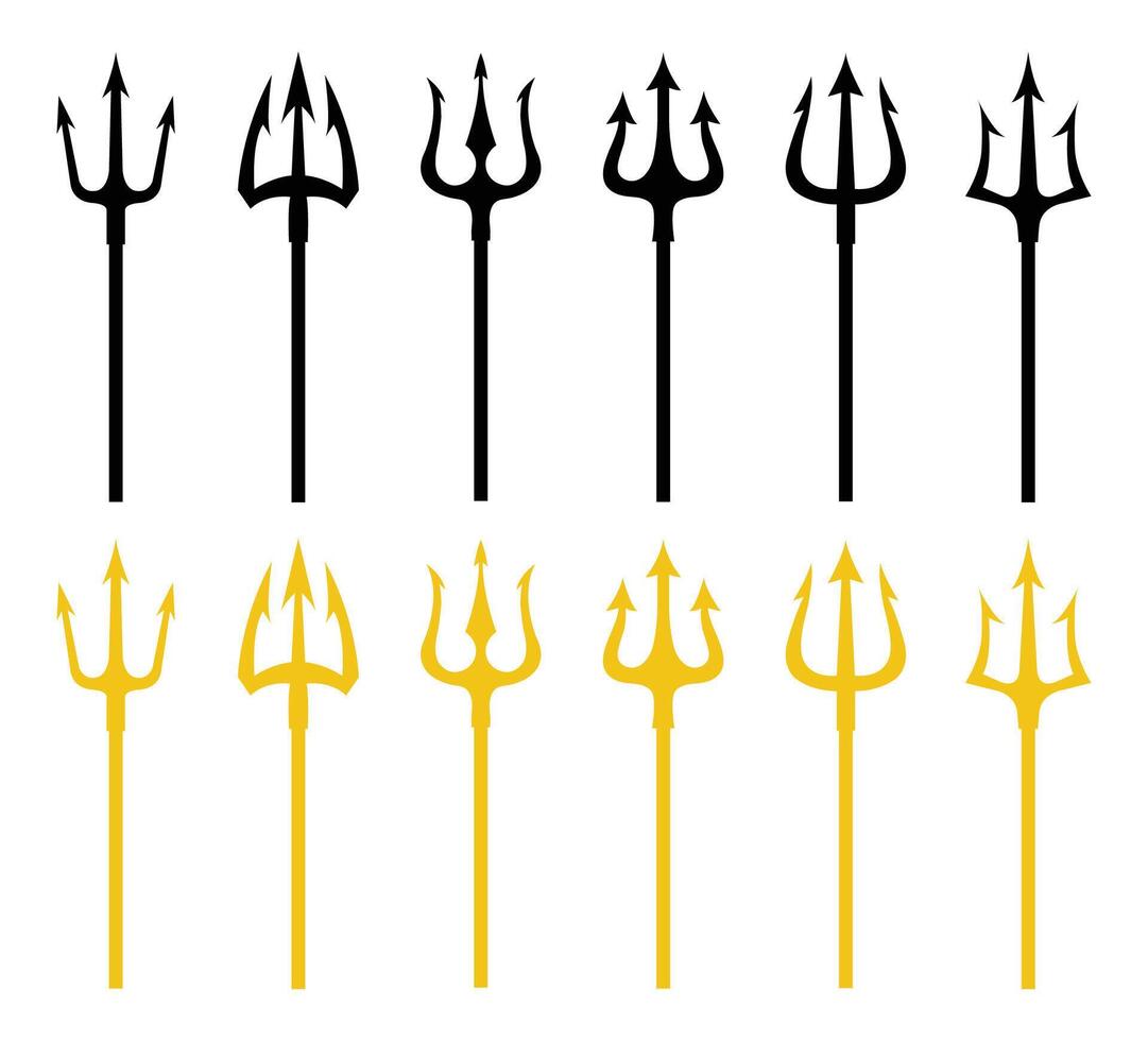 Trident icon set in black and yellow color. Set of black and yellow silhouettes of trident on a white background. Neptune trident. Design element for logo, label, sign, poster. illustration. vector