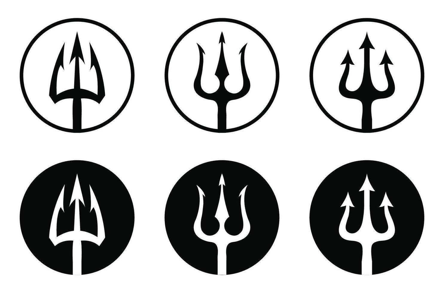 Trident icon set in black circle isolated on white background. black logo set of tridents in circle Triton, Neptune, Poseidon. Flat design. illustration. vector