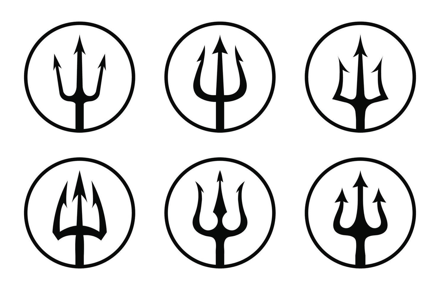 Trident icon set in black outline circle isolated on white background. black logo set of tridents in circle Triton, Neptune, Poseidon. illustration. Flat design. vector