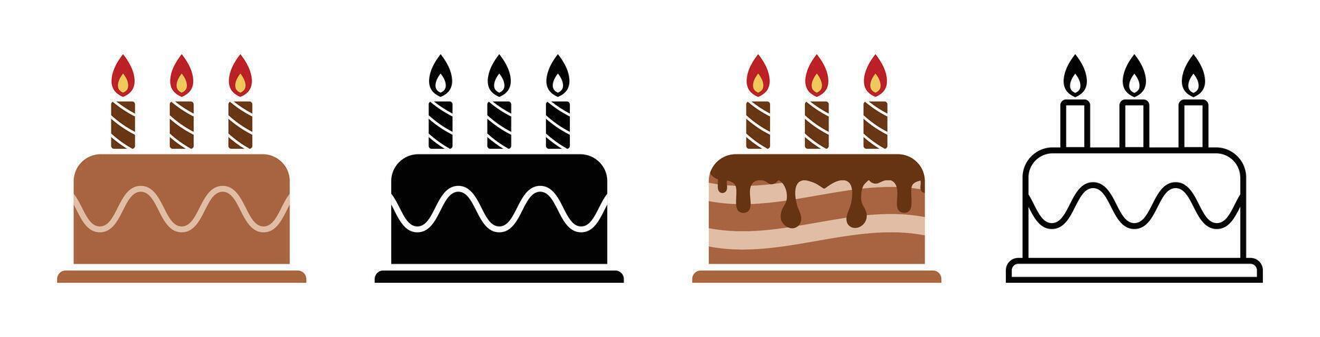 Birthday cake icon symbol. Birthday cake icon set Isolated illustration on a white background. Festive cake with candles. Cake icon symbol different shape. Flat design. vector