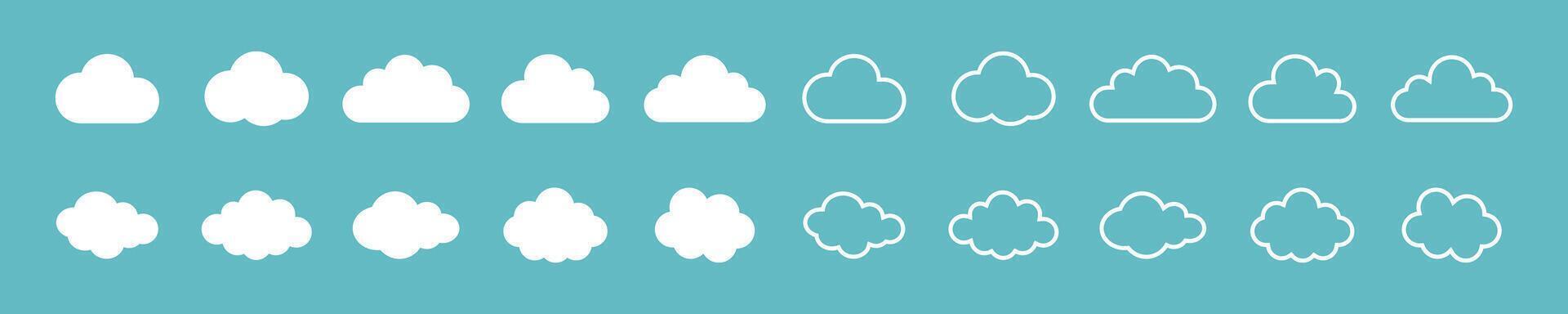 illustration of the clouds set. Clouds collection flat and outline style. White cloudy set isolated on blue background. White clouds of different shapes. Collection of different white clouds. vector