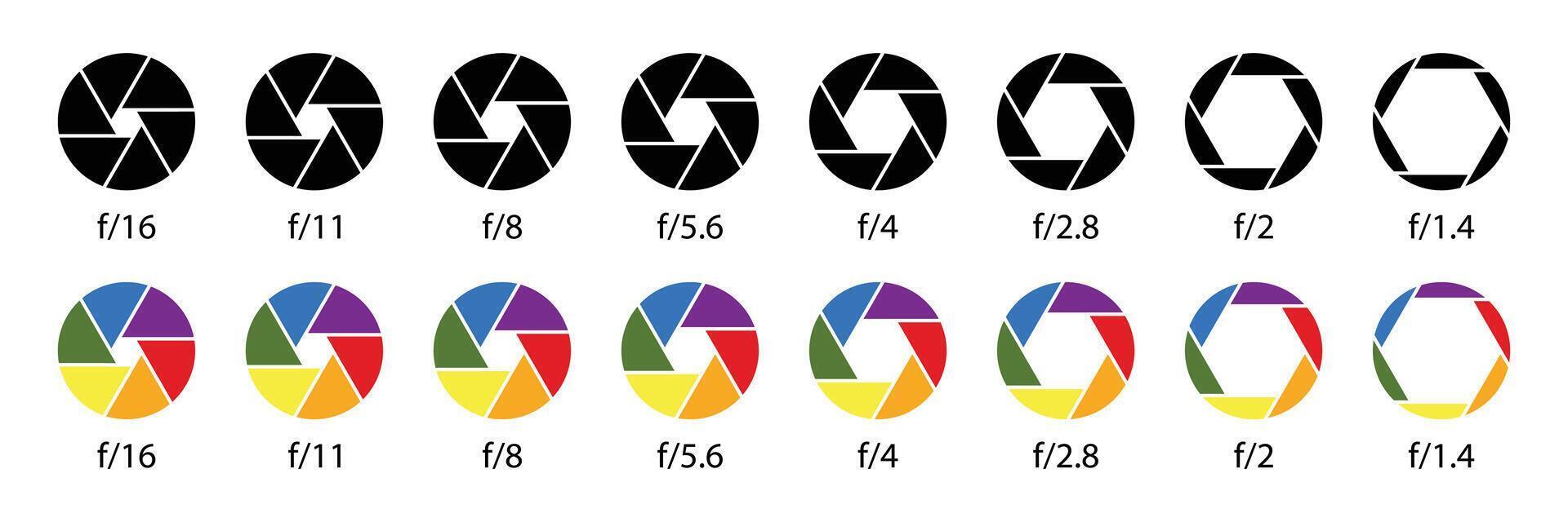 Camera lens diaphragm collection. Aperture icon symbol set in black and colors. Camera lens diaphragm row with aperture value numbers. Shutter camera aperture lens icon set. Different style. vector