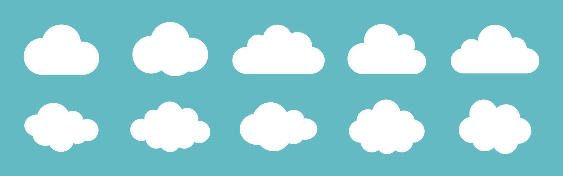illustration of the clouds set on blue background. Clouds collection. White cloudy set isolated on blue background. White clouds of different shapes. Collection of different white clouds. vector