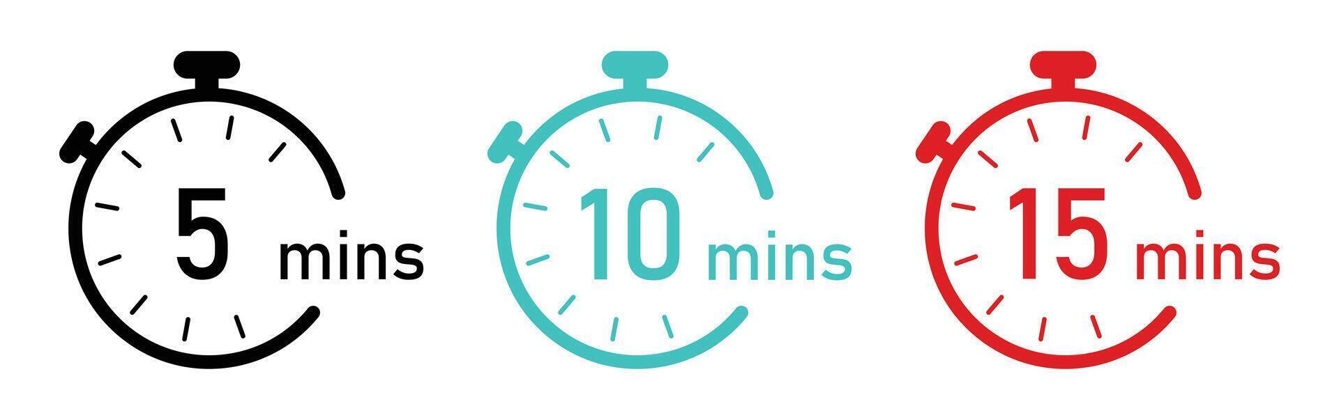 5, 10 and 15 minutes Timer and clock icons set isolated on a white background. Timer logo. Clock symbols, stopwatch signs, Timer icons. illustration. vector