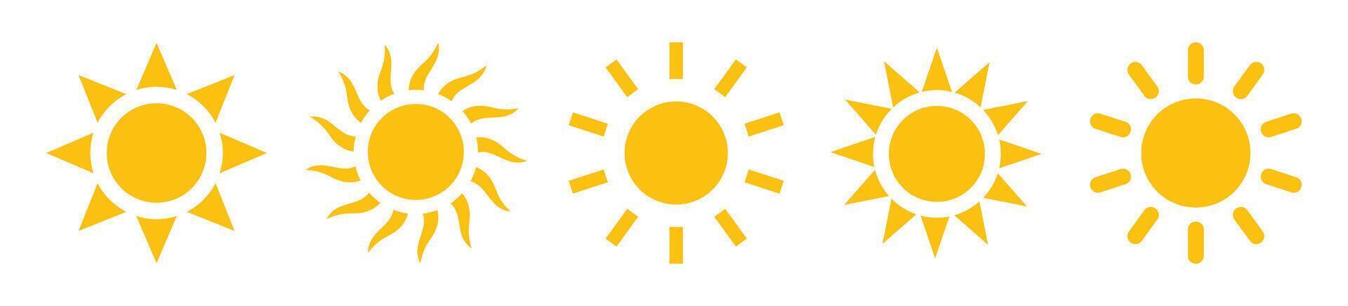 Sun icons. Sun icon set in yellow color isolated. Sun icons collection in yellow color. Solar summer icon isolated on white background. Flat design. illustration. vector