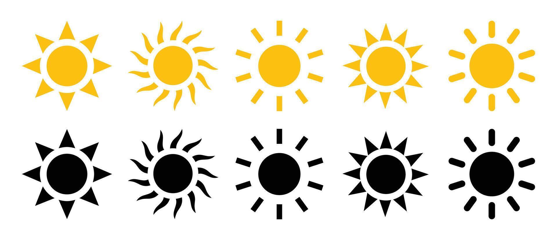 Sun icons. Sun icon set in yellow and black color isolated. Sun icons collection in black and yellow color. Solar summer icon isolated on white background. Flat design. illustration. vector