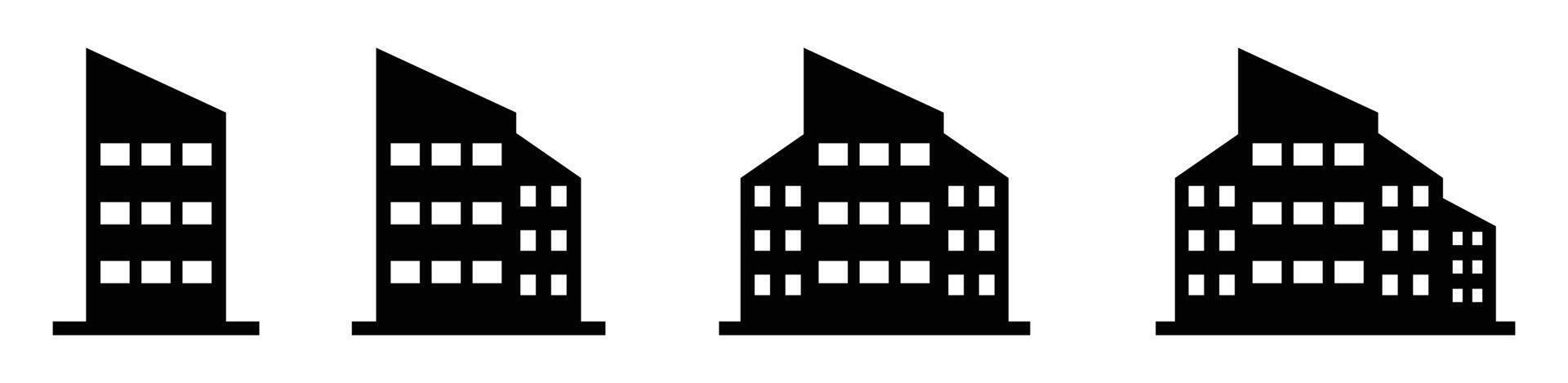 Silhouette building icon set in different shape. City building silhouette icon isolated set. Apartment illustration sign symbol black and white color. City buildings logo. Set of four. vector