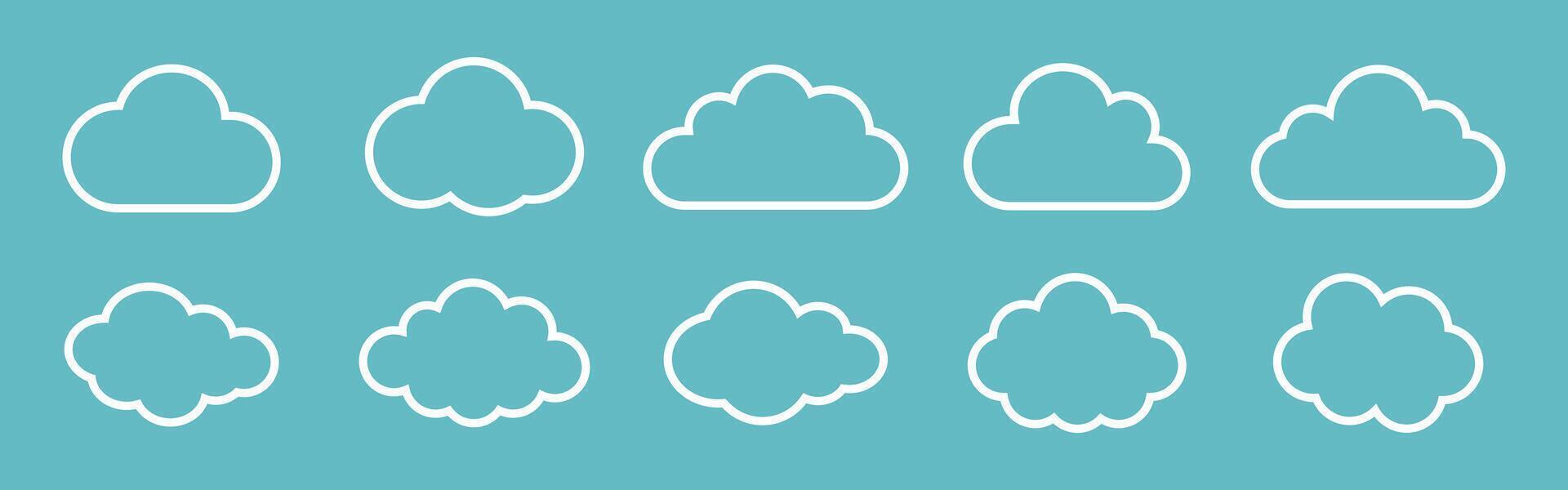 illustration of the clouds set. Clouds collection in outline style. White cloudy set isolated on blue background. White clouds of different shapes. Collection of different white clouds. vector