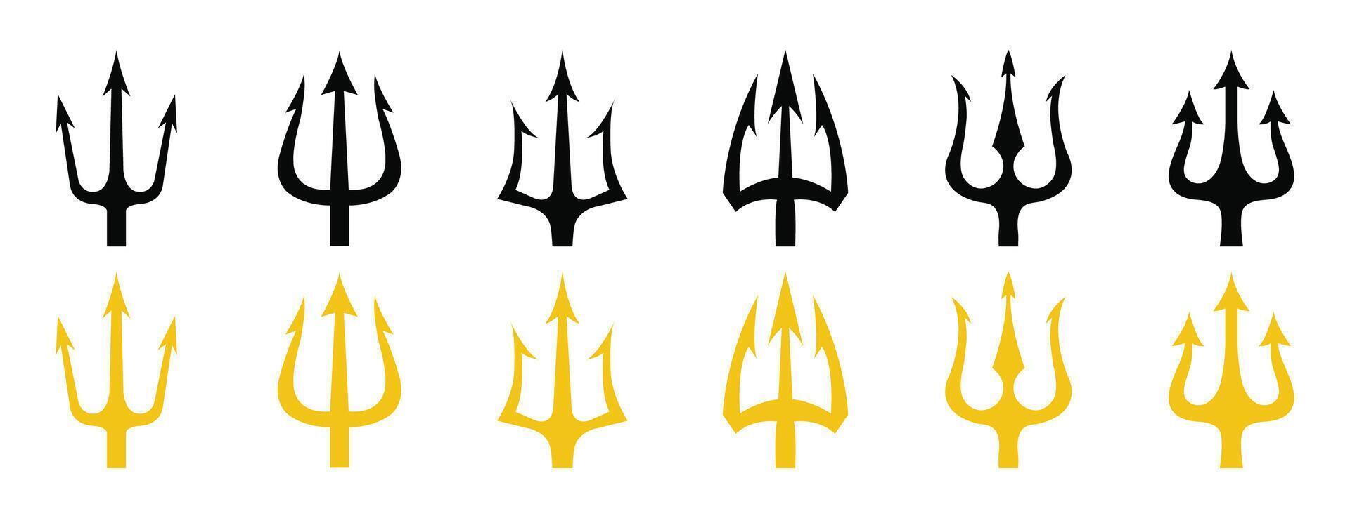 Trident icon set in black and yellow color. Set of black and yellow trident on a white background. Neptune trident. Design element for logo, label, sign, poster. illustration. vector