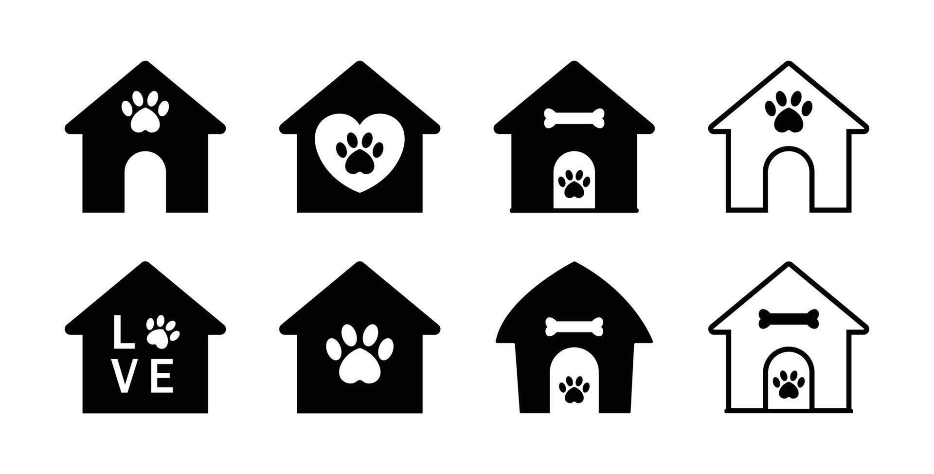 Dog house icon with bone, love, heart and paw symbol set. Dog house Icon set in black and white coolor dirrerent shape. Doghouse kennel icon in outline and fill. illustration. vector