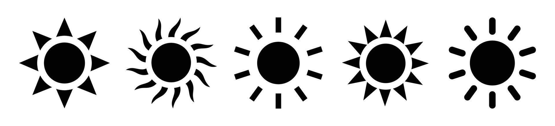Sun icons. Sun icon set in black color isolated. Sun icons collection in black color. Solar summer icon isolated on white background. Flat design. illustration. vector