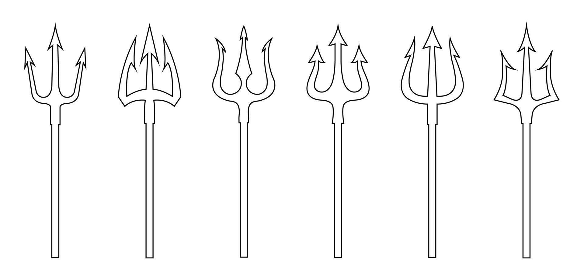 Trident icon set in outline design. Set of black tridents on a white background. Neptune trident. Design element for logo, label, sign, poster. illustration. vector