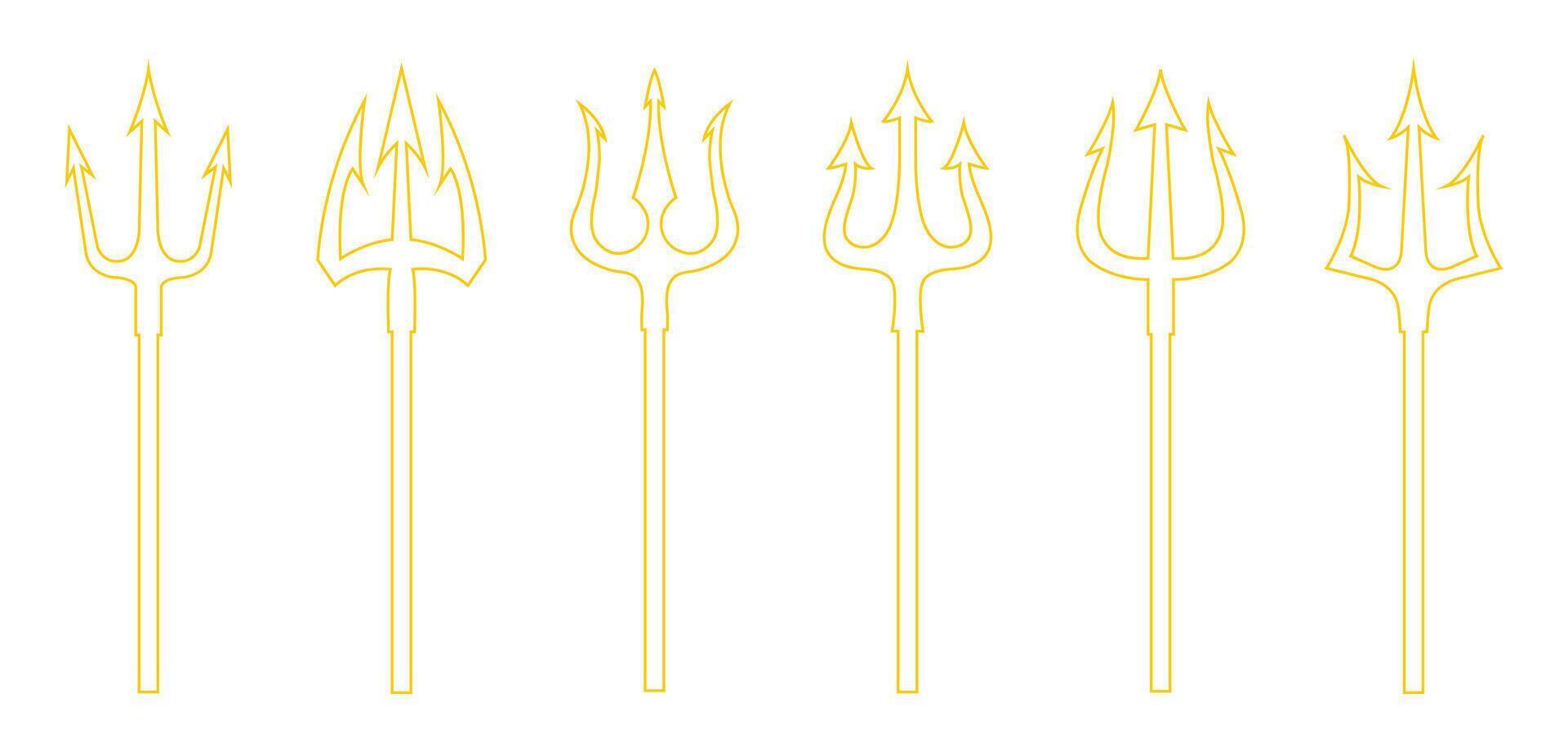 Trident icon set in yellow color outline design. Set of yellow tridents on a white background. Neptune trident. Design element for logo, label, sign, poster. illustration. vector