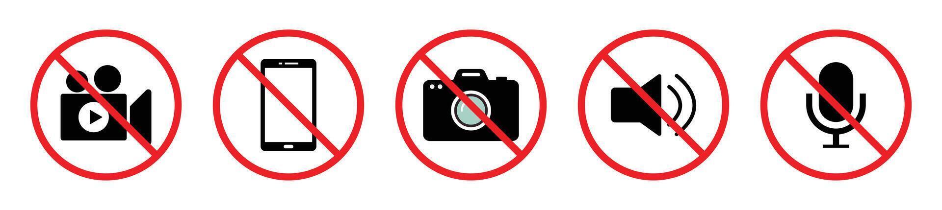 No , camera, photo, mobile phone, or sound recording forbidden sign icons. No record, no , mute, camera, red crossed out circle. Ban sign symbol illustration. vector
