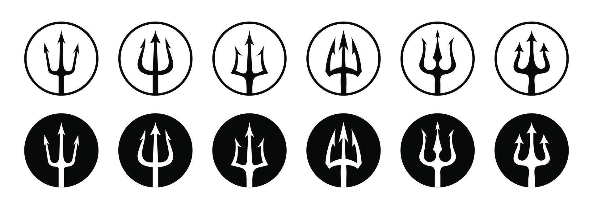 Trident icon set in circle shape illustration isolated on white background. black logo set of tridents in circle Triton, Neptune, Poseidon. Flat design. vector