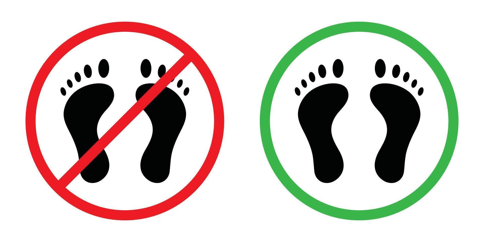 Warning walk barefoot red and green signs symbol. Human footprint silhouette icons. Footprint bare step allowed and prohibited pictogram. Footstep sign symbol. Do not walk in this area sign. vector