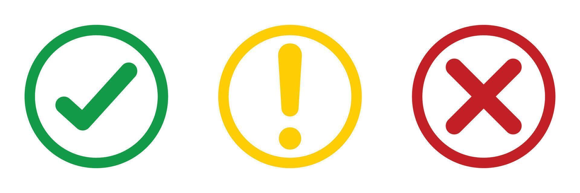 Set of flat round check mark, exclamation point, X mark icons buttons isolated on a white background. Green check mark, yellow exclamation point, red cross mark icon set in line style. icon. vector