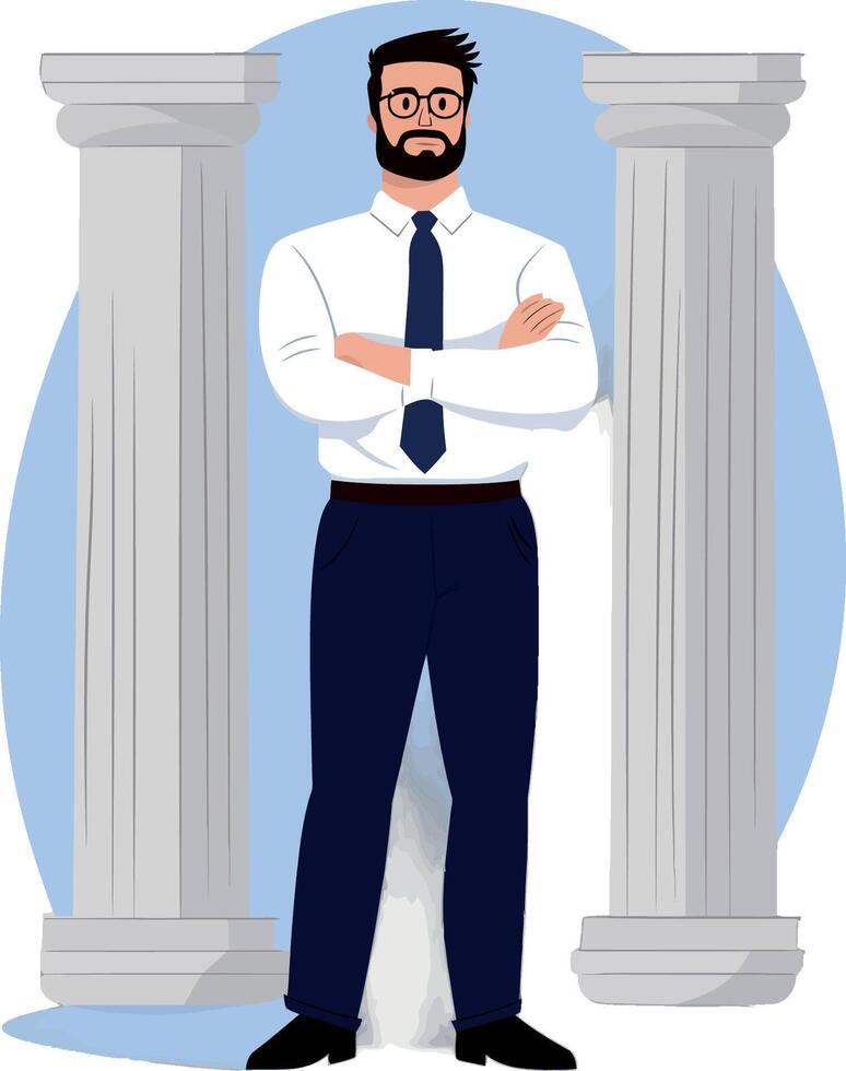 Confident businessman standing between two classical columns vector