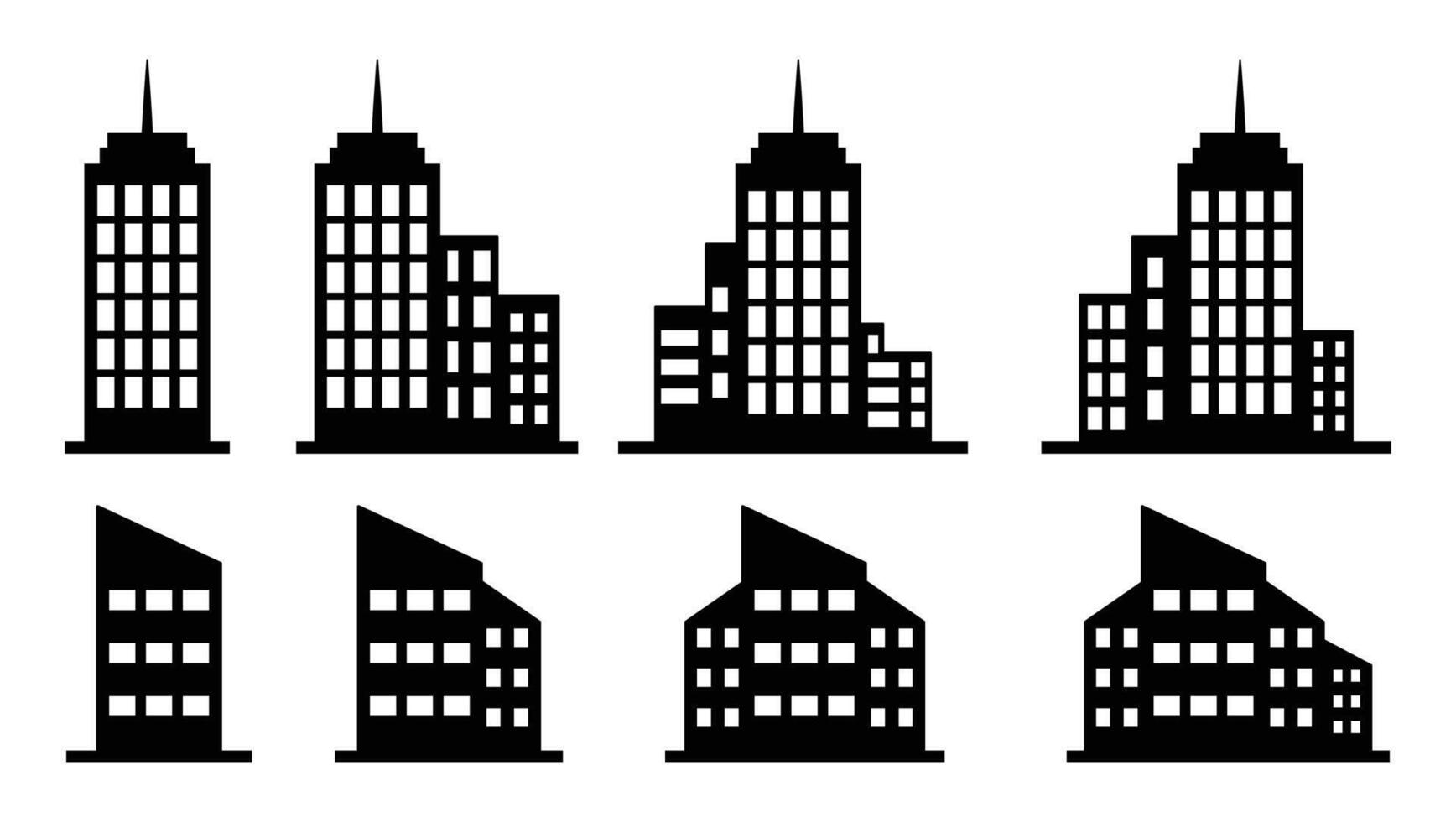 City building silhouette element set. Building flat icons isolated set. House and building isolated black and white color. set of 8. illustration. Flat style. vector