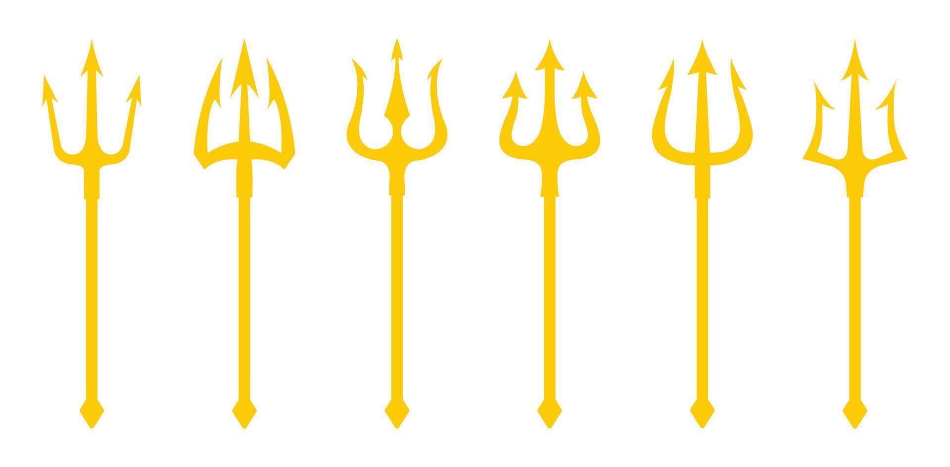 Trident icon set in yellow color. Set of yellow silhouettes of trident on a white background. Neptune trident. Design element for logo, label, sign, poster. illustration. vector