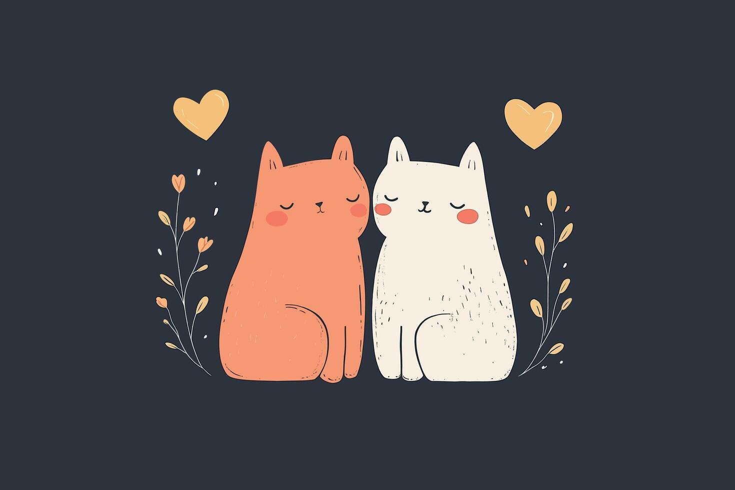 Charming illustration of two cuddling cats with hearts vector