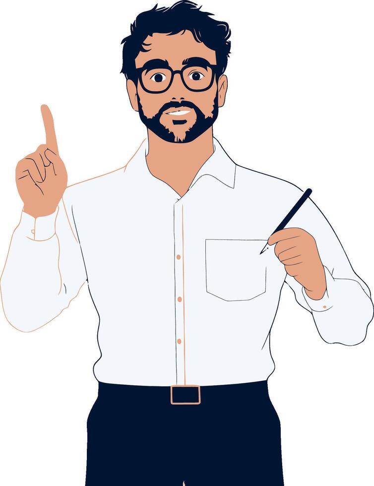 Illustration of a man with glasses pointing and holding a pen vector