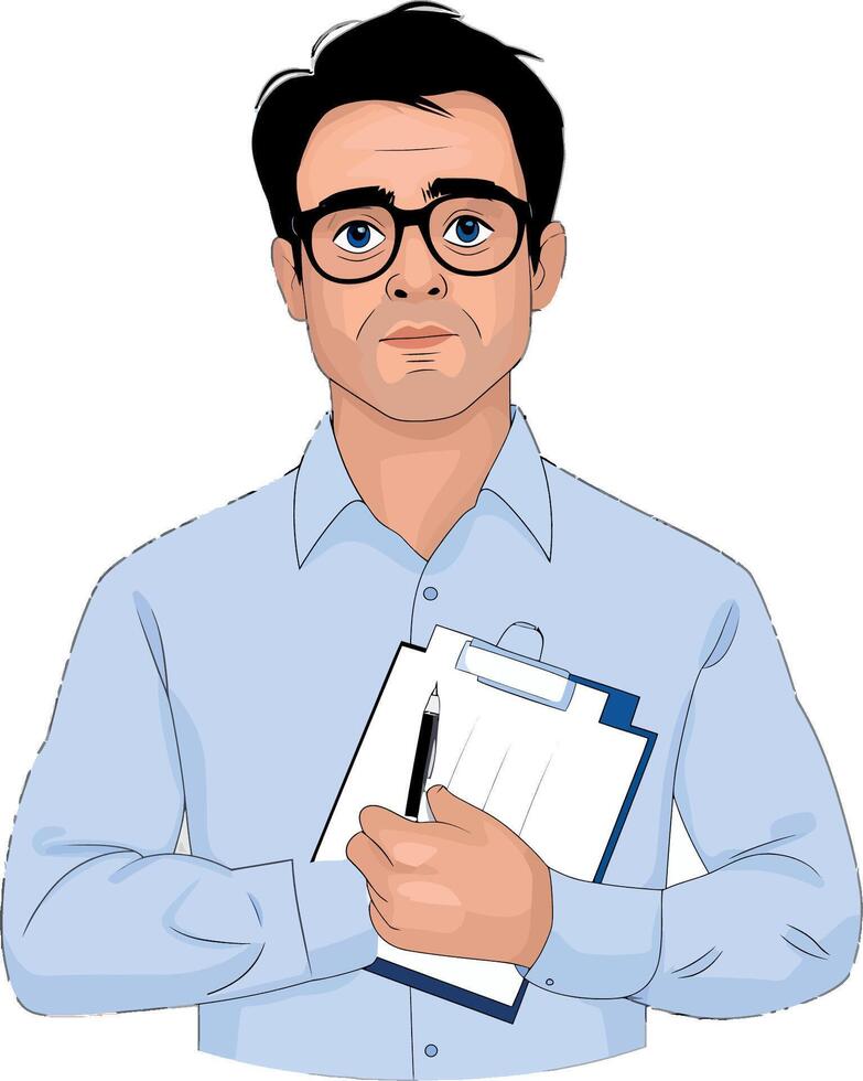 Professional man with glasses holding clipboard illustration vector