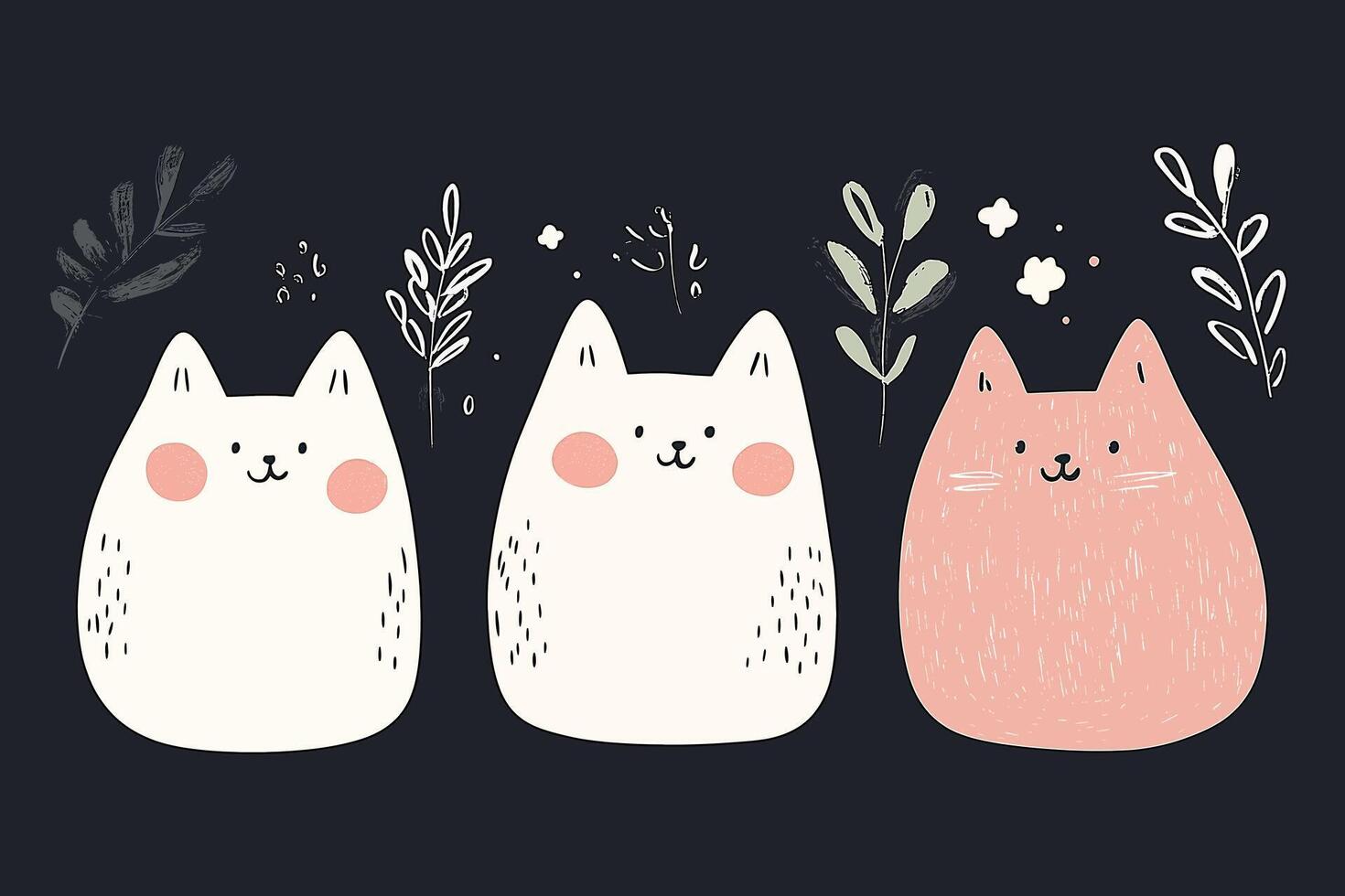 Cute illustrated trio of cats with botanical elements background vector