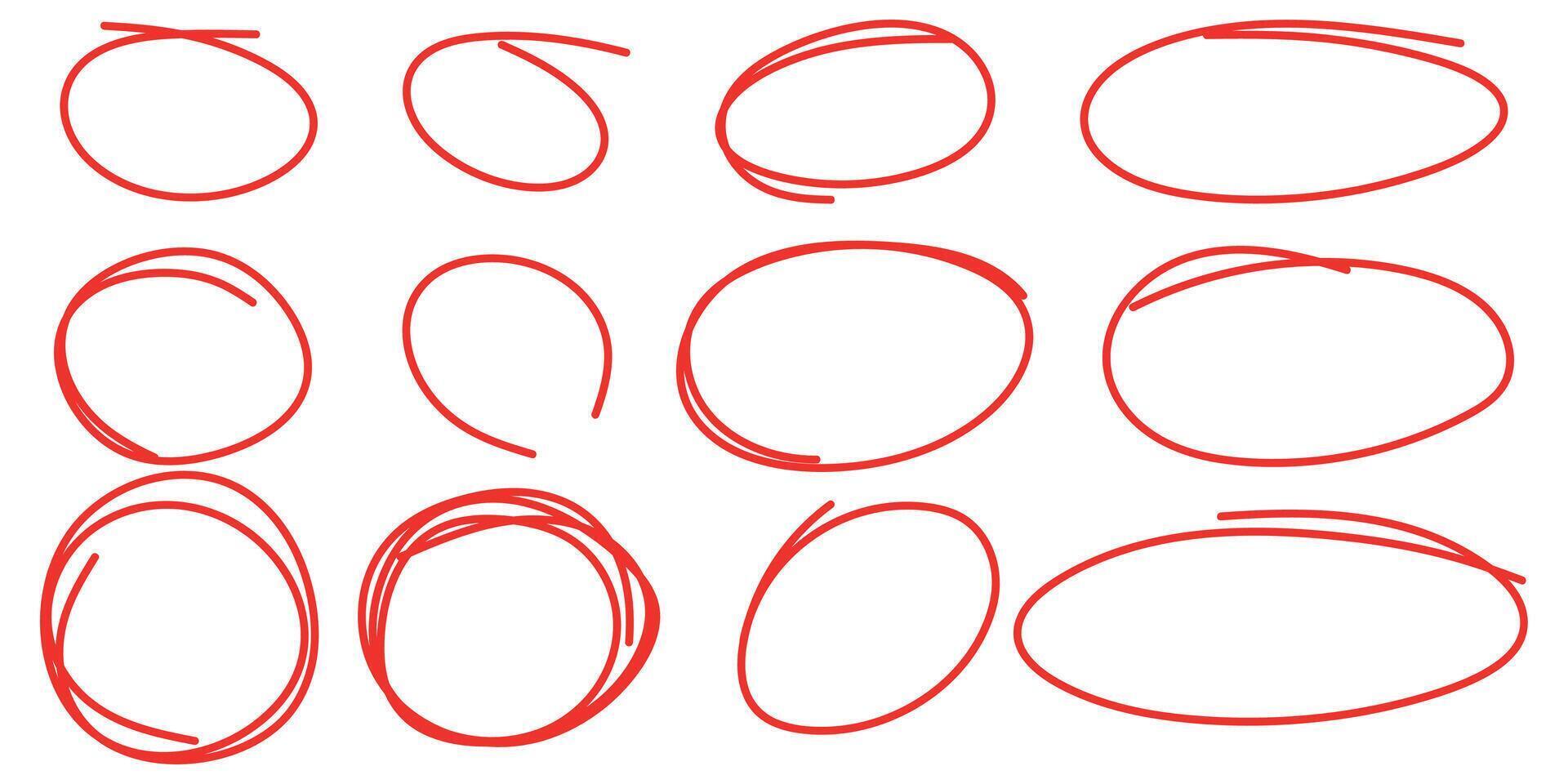 Set of hand drawn red circle highlighter, design element, grunge round shape vector