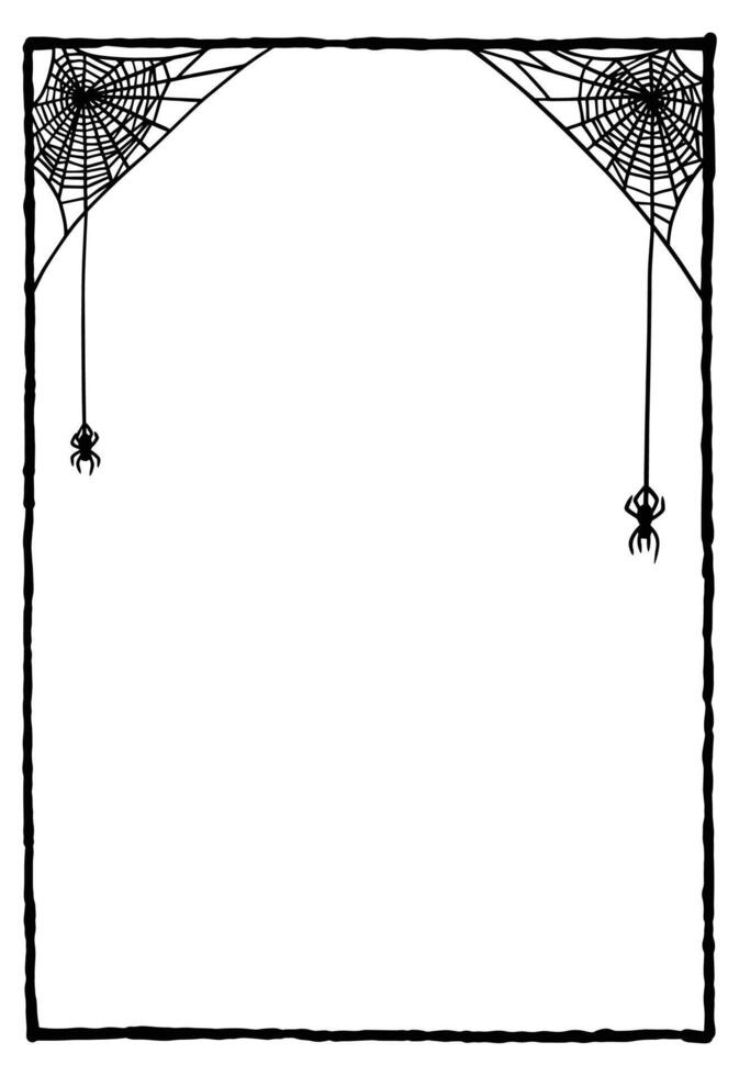 Frame with dense spider webs and spiders hanging down. Halloween poster with scary and spooky design. vector