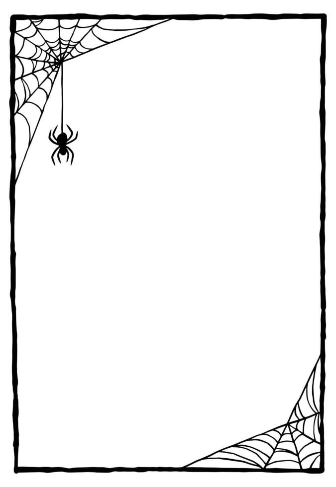 Frame with cobweb and a spider is hanging down. Halloween poster with scary and spooky design. vector