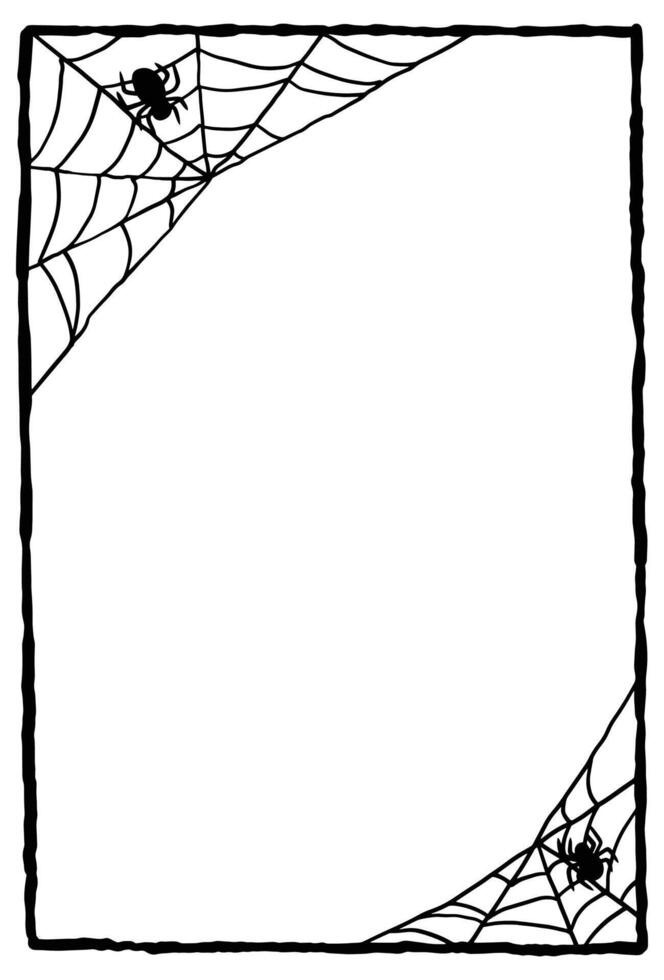 Spider web are at the corners of the frame and a spiders is hanging down. Halloween poster with scary and creepy design. vector