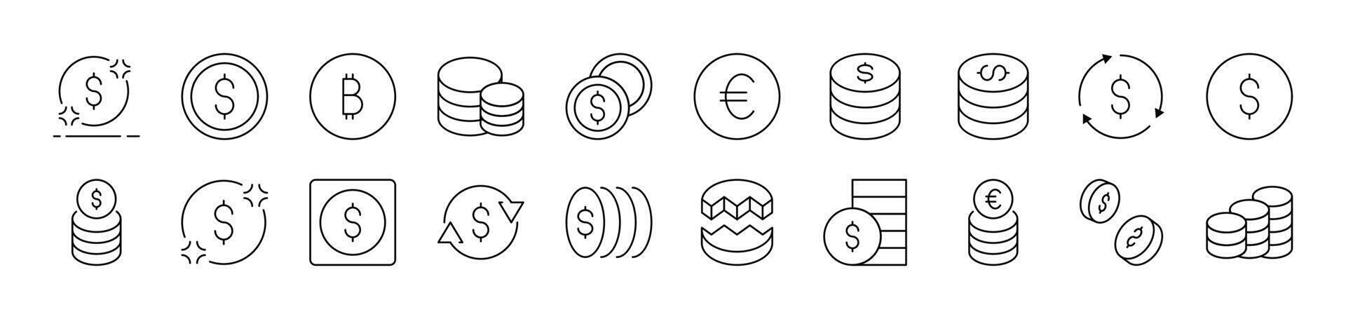 Various Coins Line Icon Collection. Editable Stroke. Perfect for Infographics, Articles, Books, Flyers, Banners vector