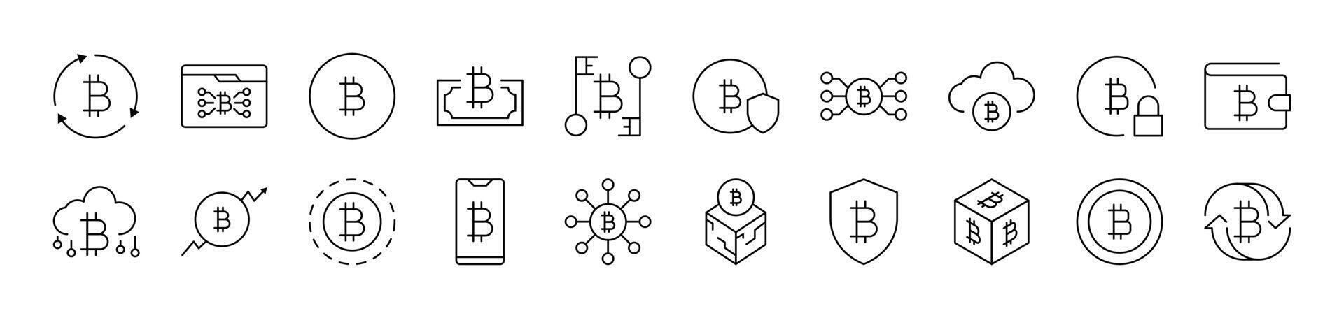 Cryptocurrency Outline Sign Collection. Editable Stroke. Perfect for Infographics, Articles, Books, Flyers, Banners vector