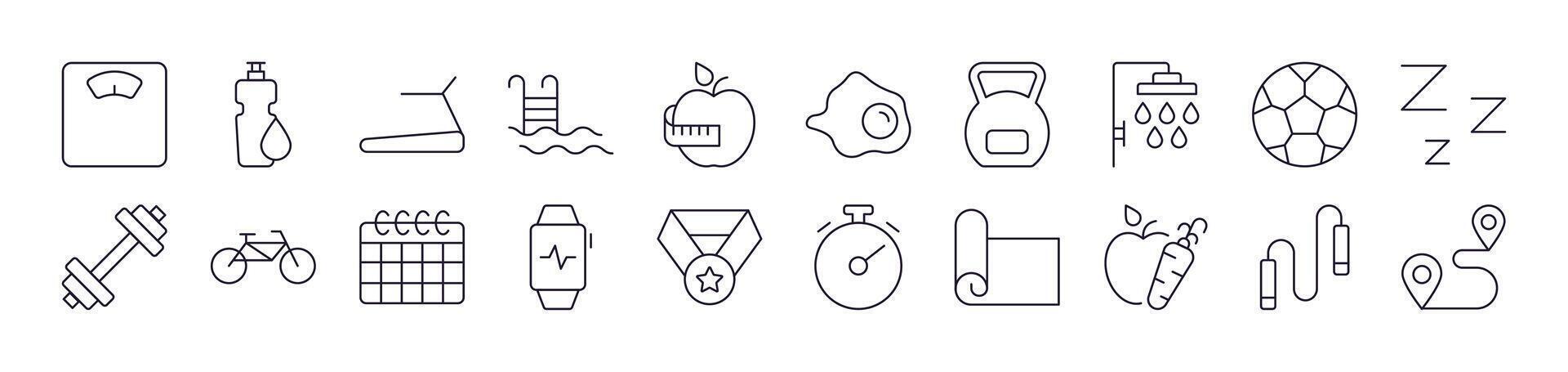 Collection of Outline Signs of Healthy Lifestyle, Fitness, Wellness Drawn with Thin Line for apps, web sites, banners, infographics and other types of design vector