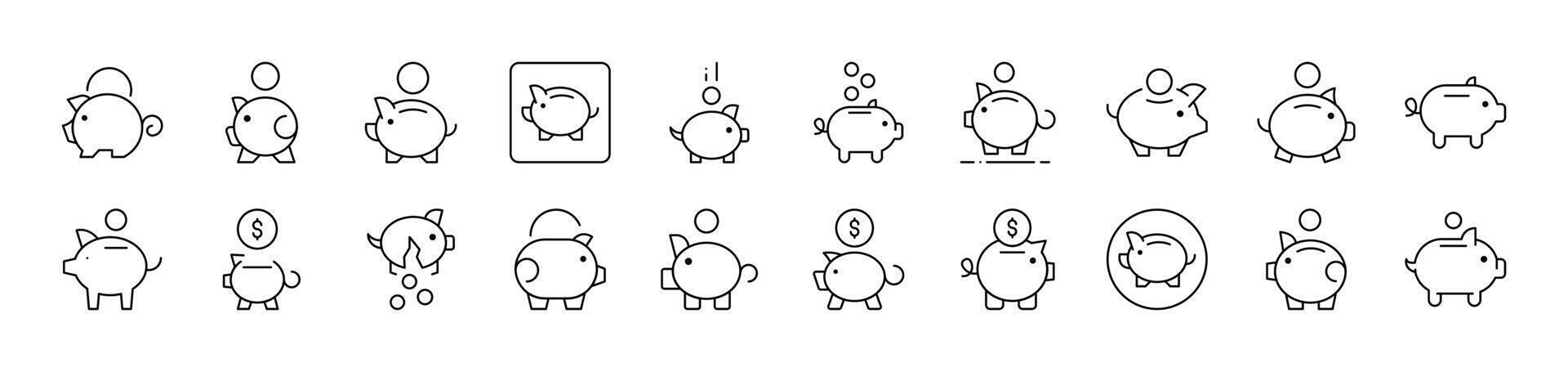Piggy Bank Related Image Collection. Editable Stroke. Perfect for Infographics, Articles, Books, Flyers, Banners vector