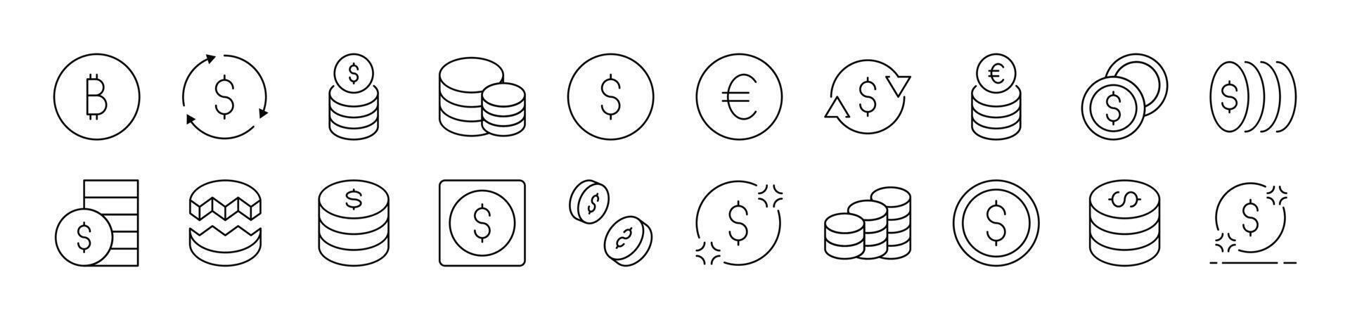 Various Coins Outline Sign Collection. Editable Stroke. Perfect for Infographics, Articles, Books, Flyers, Banners vector
