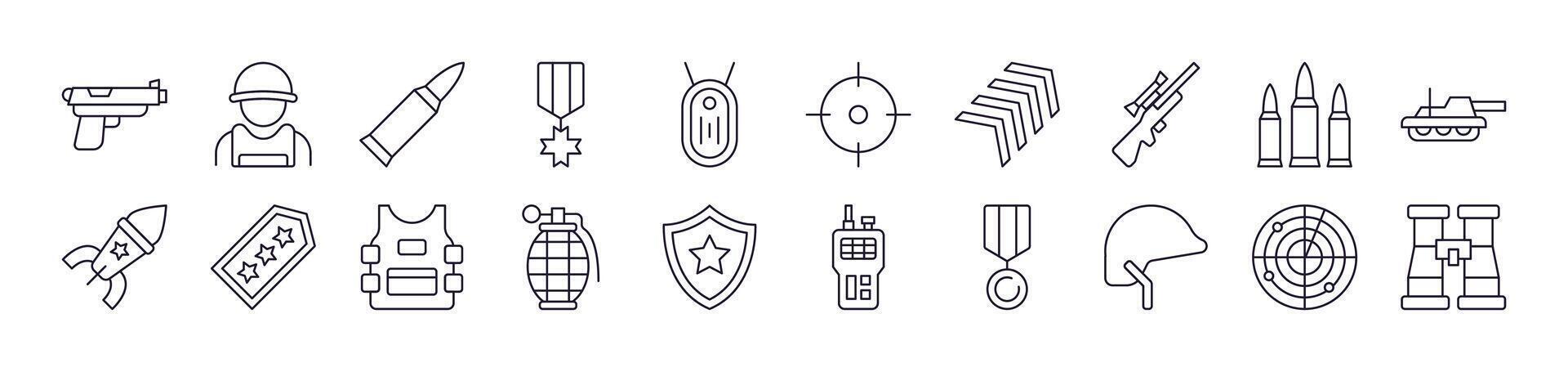 Army and Military Outline Sign Collection. Editable Stroke. Perfect for Infographics, Articles, Books, Flyers, Banners vector