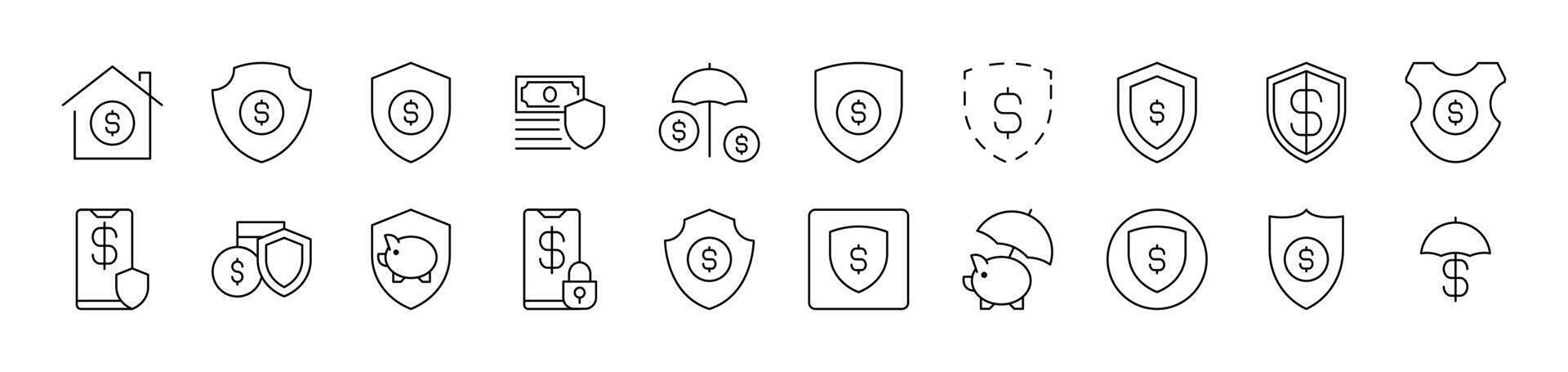 Money by Shield Outline Sign Collection. Editable Stroke. Perfect for Infographics, Articles, Books, Flyers, Banners vector