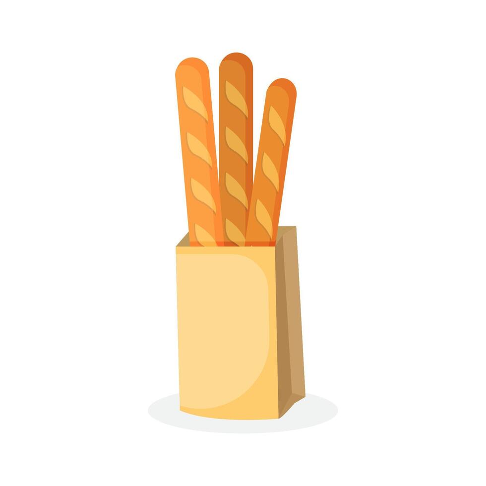 French bread set. Baguette in paper bag isolated on white. Organic products, eco friendly packing, healthy eating flat illustration. vector