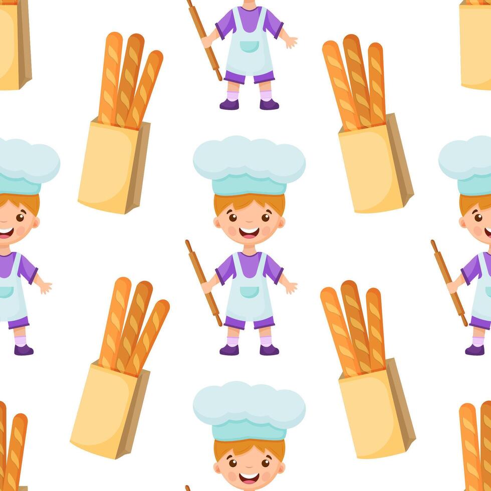 Seamless pattern of chef illustration on isolated background. Pattern baker boy. Seamless pattern of cook illustration of a boy on background. vector