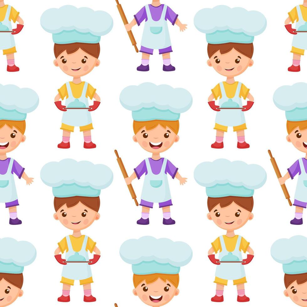 Boys bakers are holding a rolling pin and a tray with a dish. Baguette paper bag. Seamless pattern with children chefs. vector