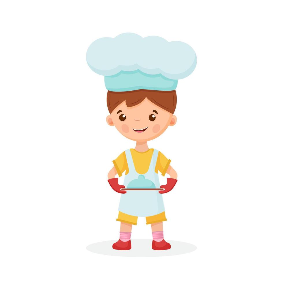 Cute Boy Chef, baker Cartoon. Icon Illustration. People, Food Icon Concept, Isolated . Flat Cartoon Style. vector